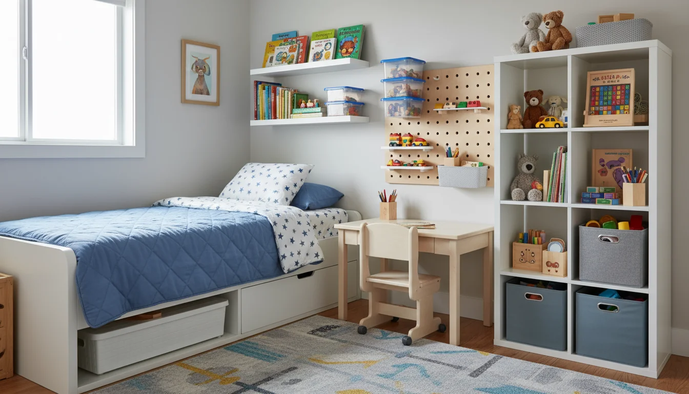 A cozy, organized child's bedroom featuring smart storage solutions: an under-bed bin, wall shelves, a pegboard, and a cube unit, as a child tidies a 