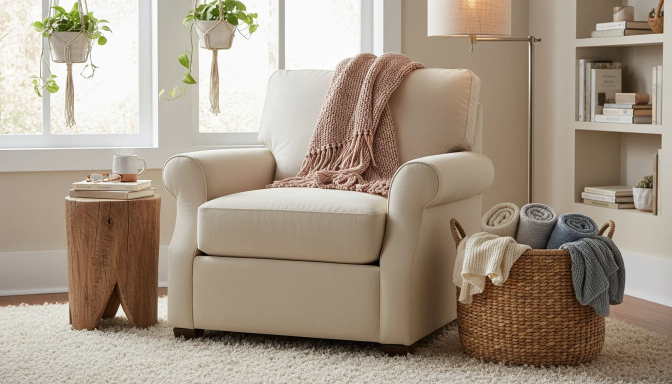 A cozy reading nook with an armchair. A large woven basket holds neatly folded throw blankets, and one is draped over the chair arm.