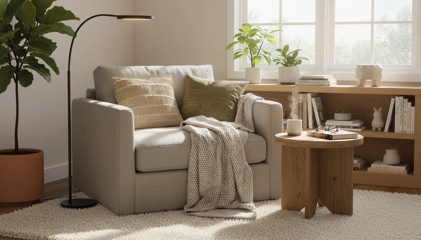 A cozy reading nook with an armchair, side table with mug and book, floor lamp, and a person reading peacefully.