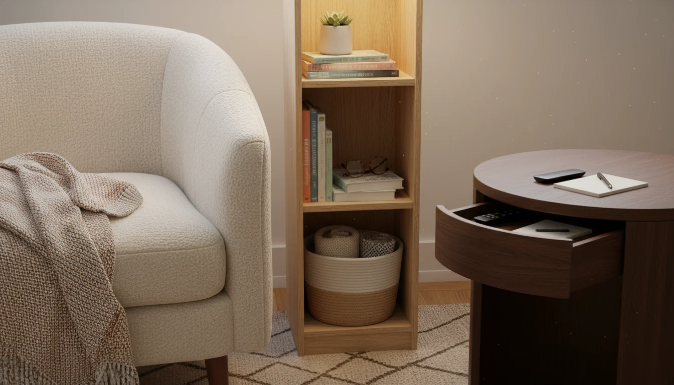 Close-up of a cozy reading nook corner featuring a slim bookshelf, a side table with a pull-out drawer, and a woven basket for storage.