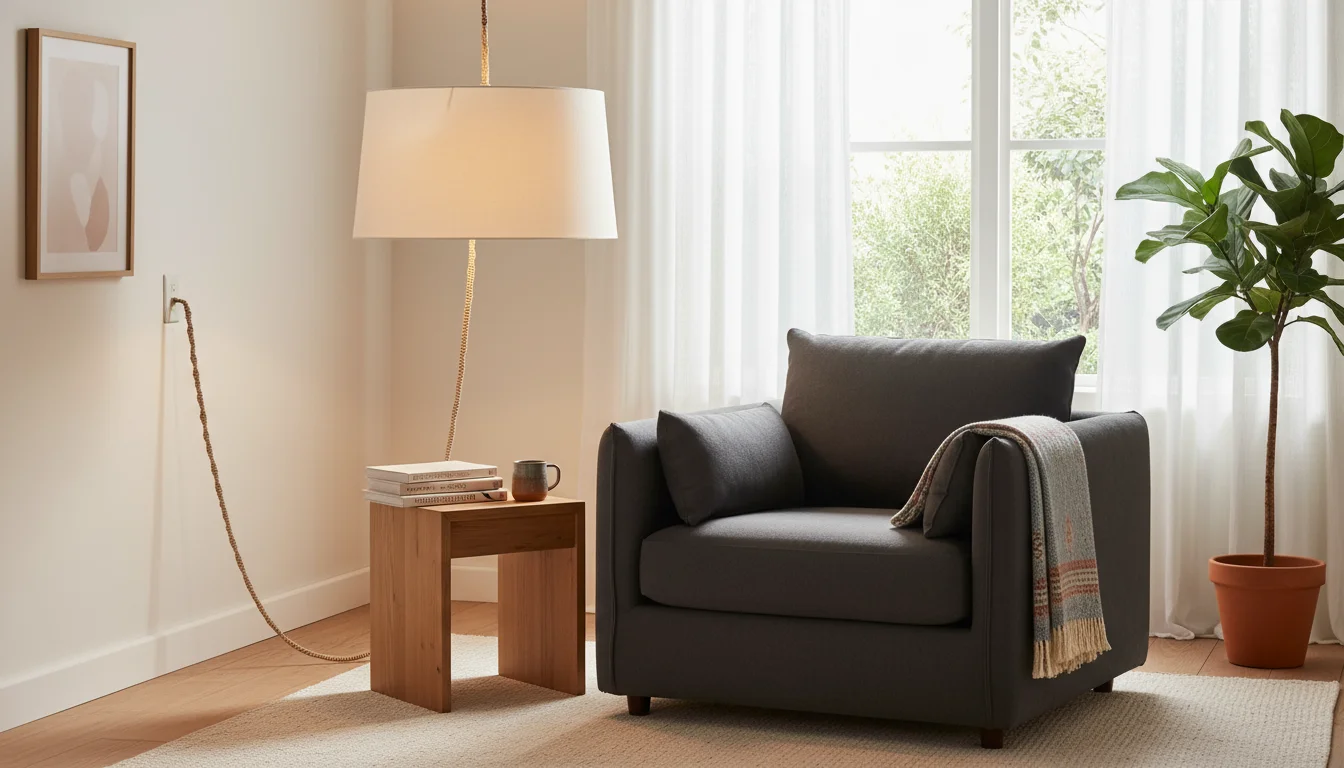 A wide view of a cozy reading nook featuring a cream fabric plug-in pendant light above a charcoal armchair and wooden side table.