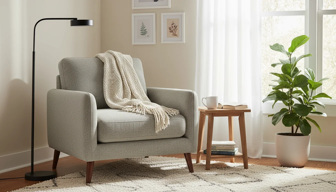 Cozy reading nook with a light grey armchair, round wooden side table holding a mug and book, and a modern floor lamp in a sunlit corner.
