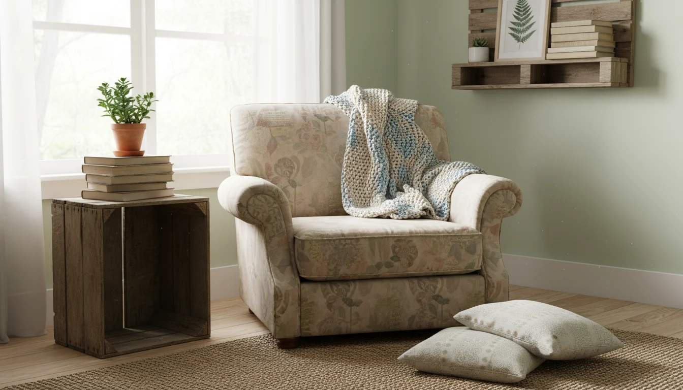 A cozy reading nook featuring a thrifted armchair, a wooden crate side table, and a DIY throw blanket under a bright window.