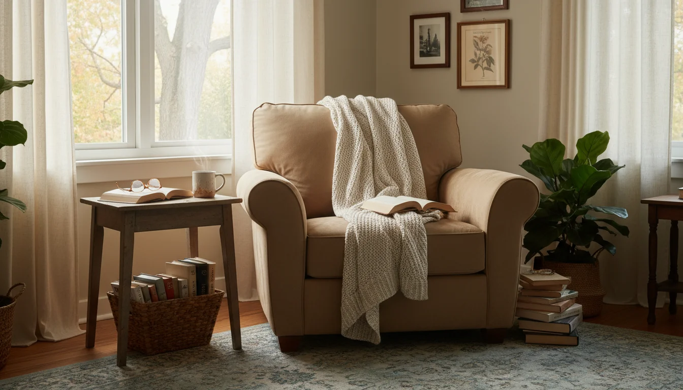 Cozy reading nook with a worn armchair, knit throw, steaming mug, book, and floor lamp in a lived-in fall living room.