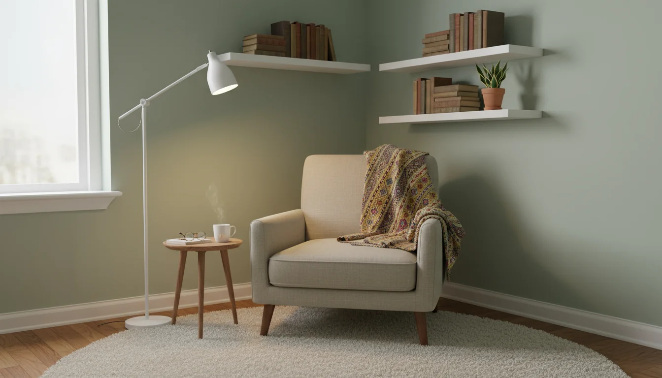 A cozy, space-saving reading nook in a small apartment corner, featuring a narrow armchair, floating shelves, a tall bookshelf, and an ottoman.