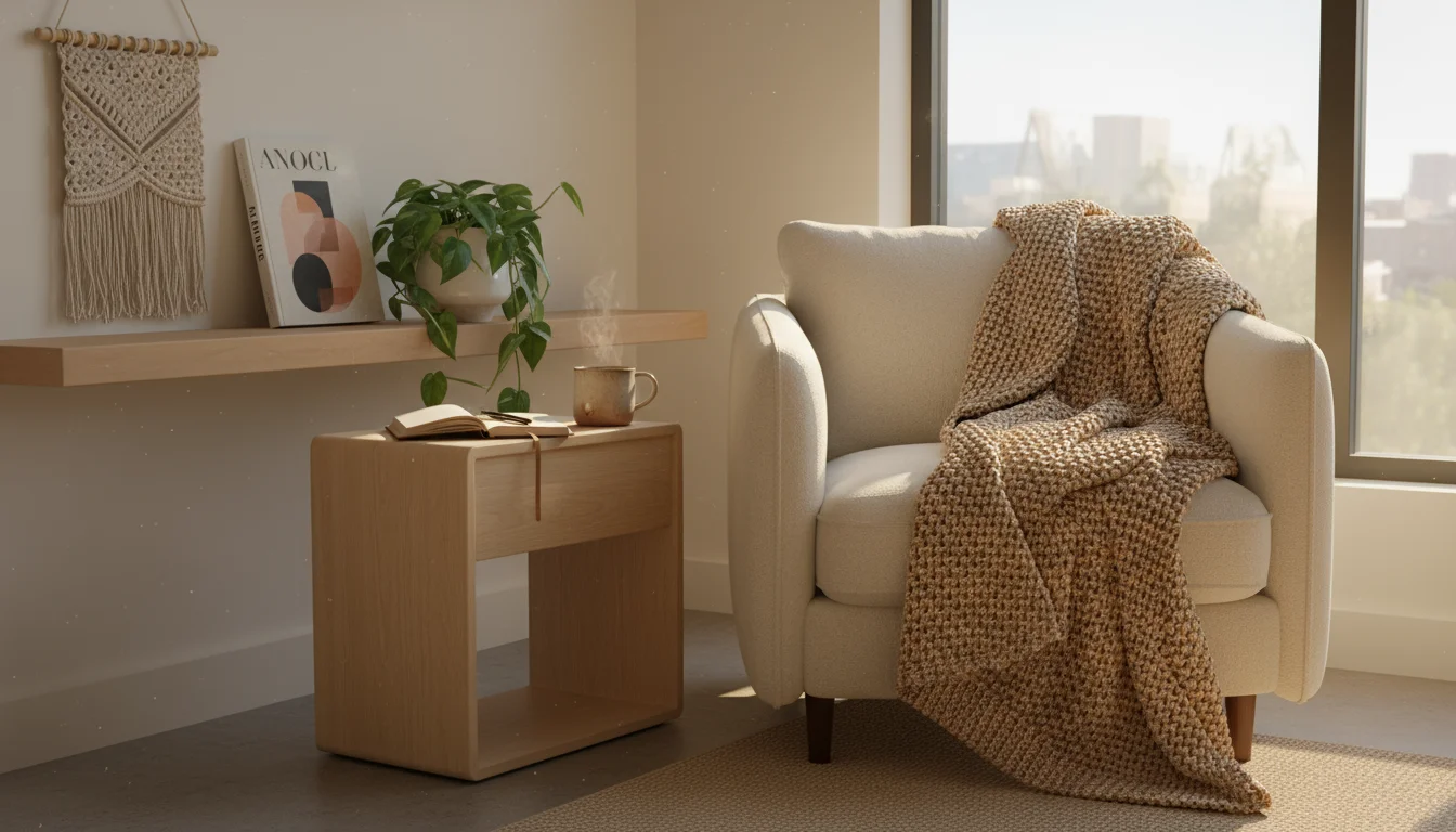 Cozy studio apartment reading nook with cream armchair, plant on wood table, and curated floating shelf, bathed in soft morning light.