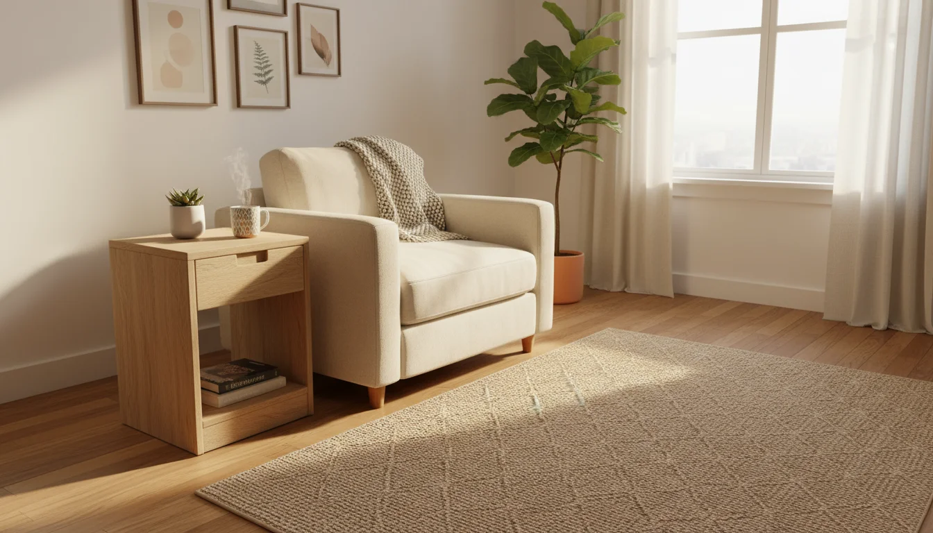 Cozy studio living nook with a cream armchair, an end table with built-in storage, and a compact coffee table. A storage bin peeks from below a consol