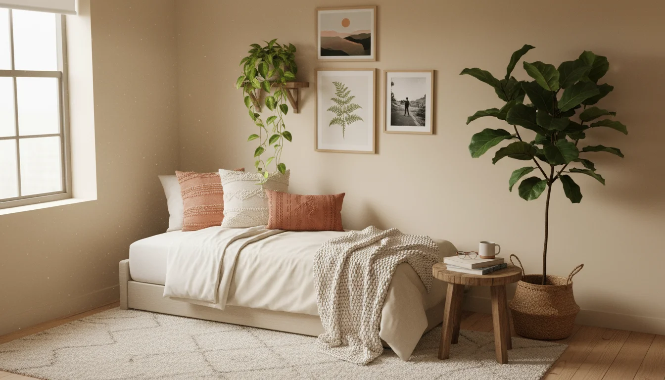 A cozy, styled studio apartment living nook with a daybed, curated art, plants, and personal items under soft light.