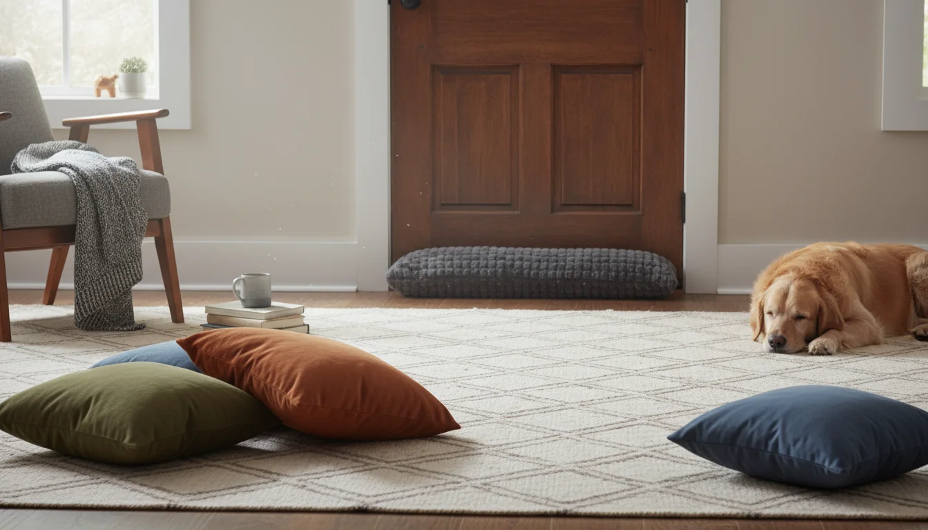 A cozy, textured fabric draft stopper at the base of a well-used wooden exterior door, with a soft knitted rug on the floor.