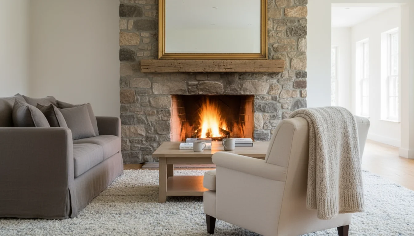 A cream armchair and sofa are arranged to face a cozy stone fireplace, which serves as the room's central focal point.