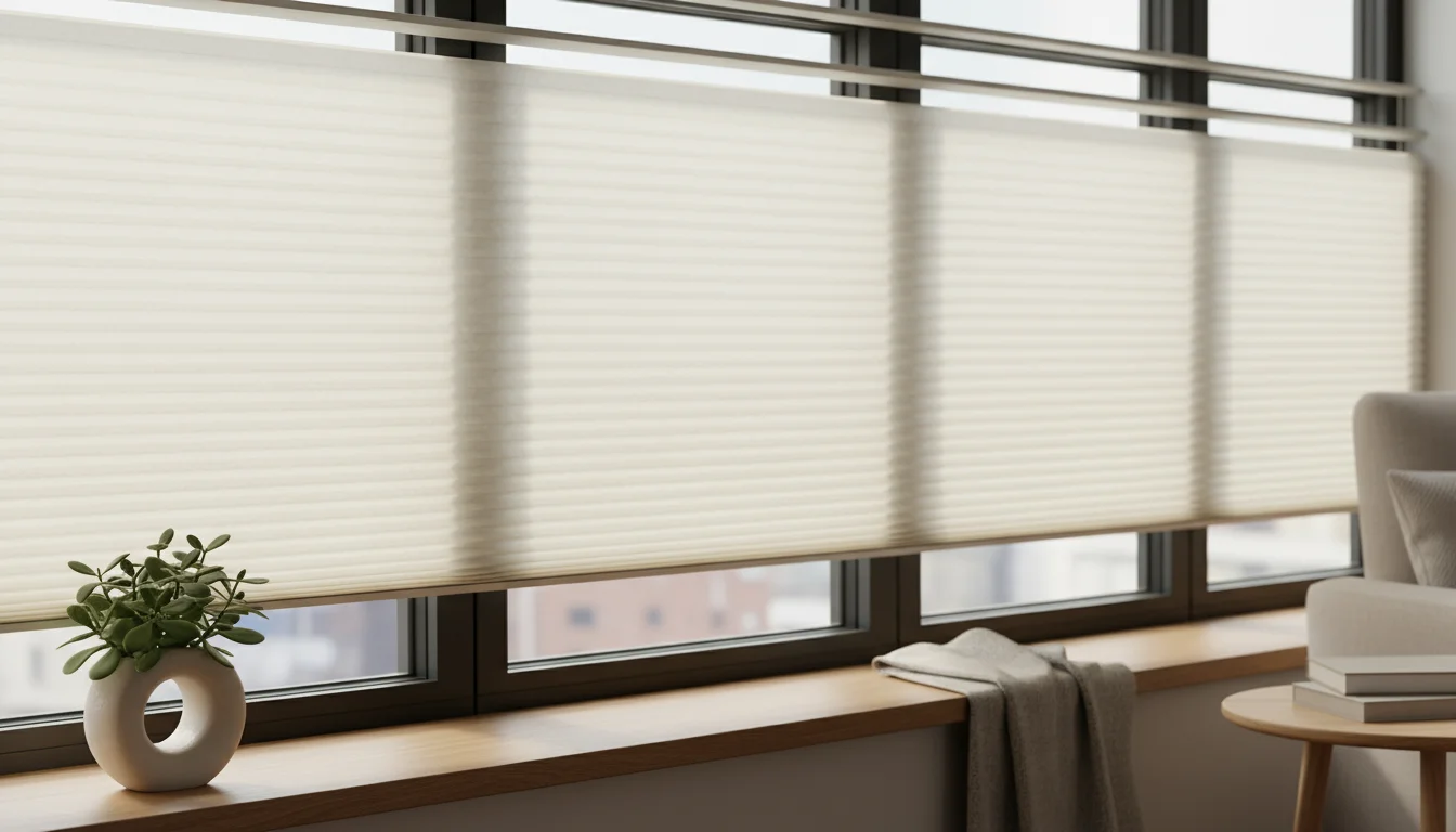 Cream cellular honeycomb shades drawn over an apartment window, casting soft light into a neat room with a small succulent on the sill.