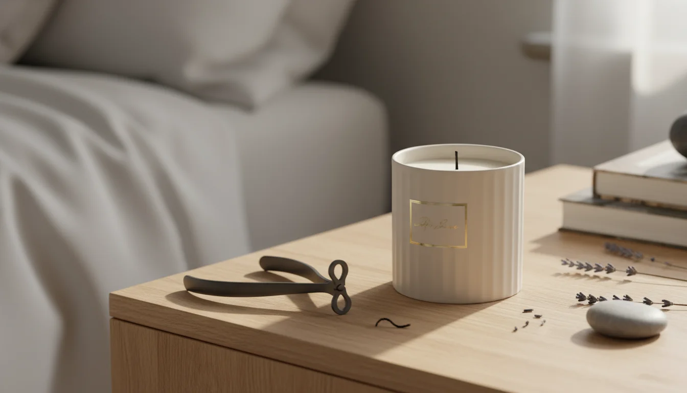 Creamy-white candle with a neatly trimmed wick rests on a light wood surface next to a dark-handled wick trimmer and a tiny carbon snippet.