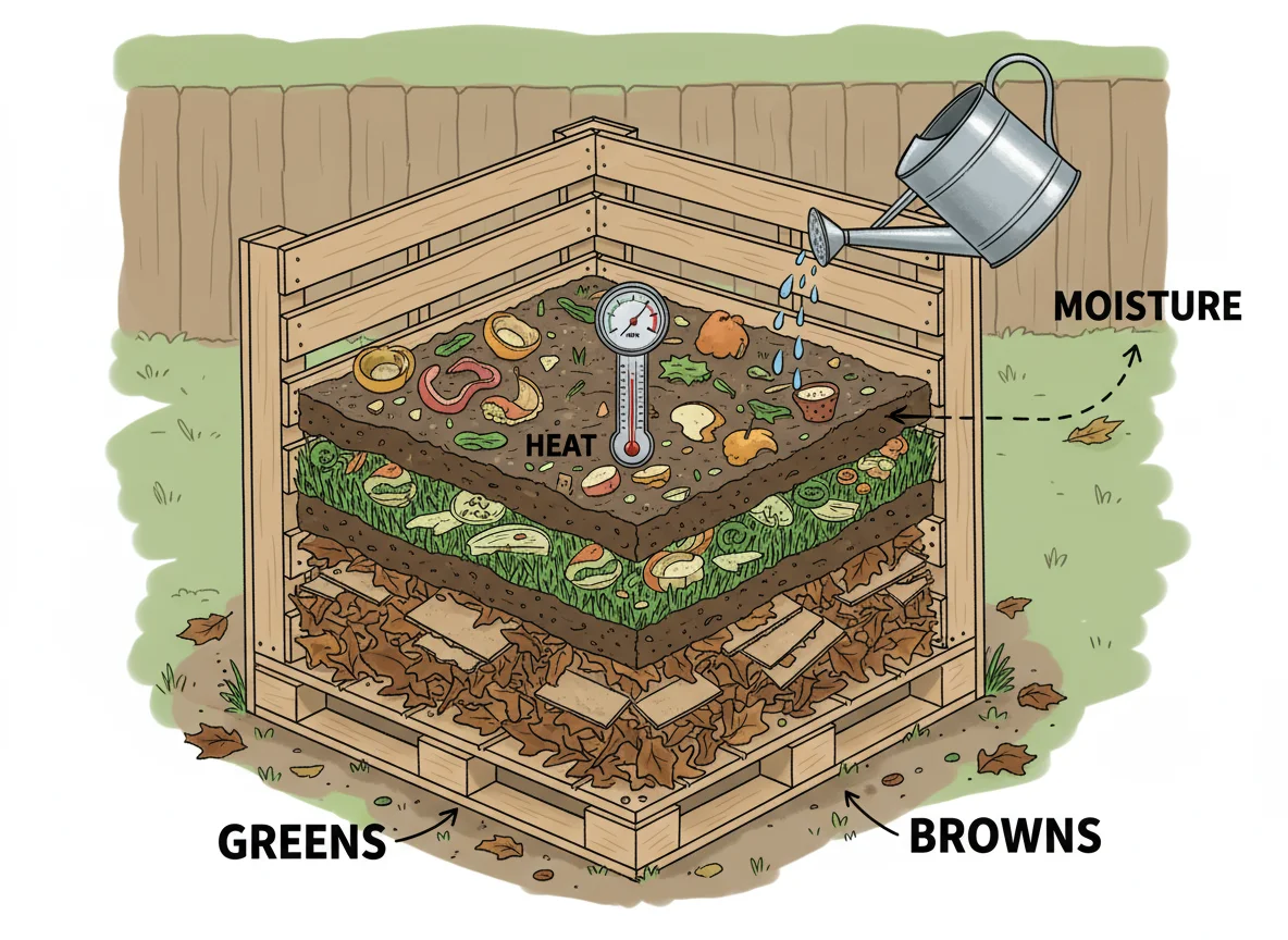 Cross-section diagram of a backyard compost bin showing layers of greens and browns, with moisture added.