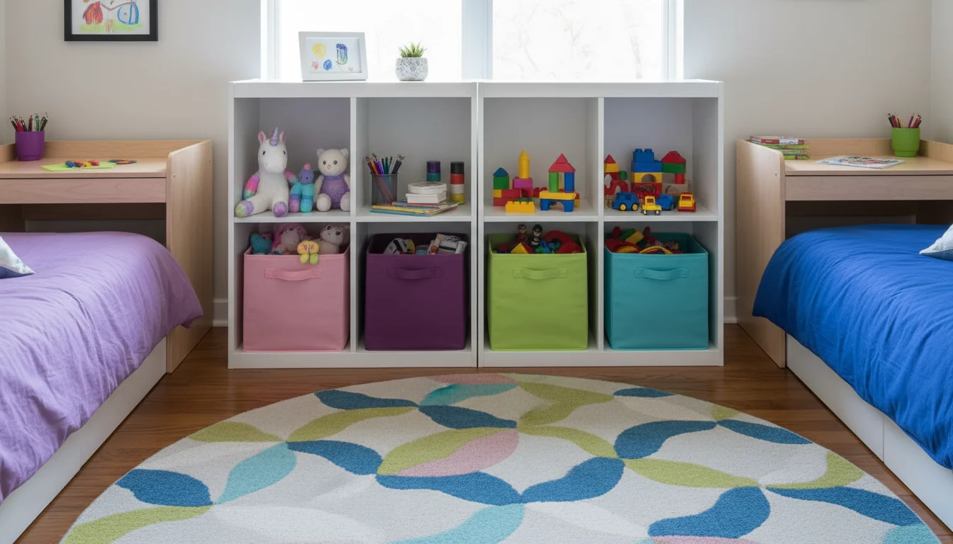 Cube organizer dividing a shared kids' bedroom, showing color-coded bins for two children with toys and art supplies.