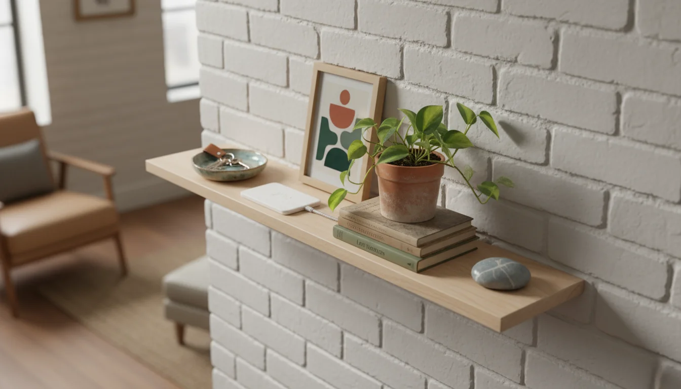 A curated floating shelf in a studio apartment featuring keys, a phone charger, a plant, art, books, and a river stone under soft light.