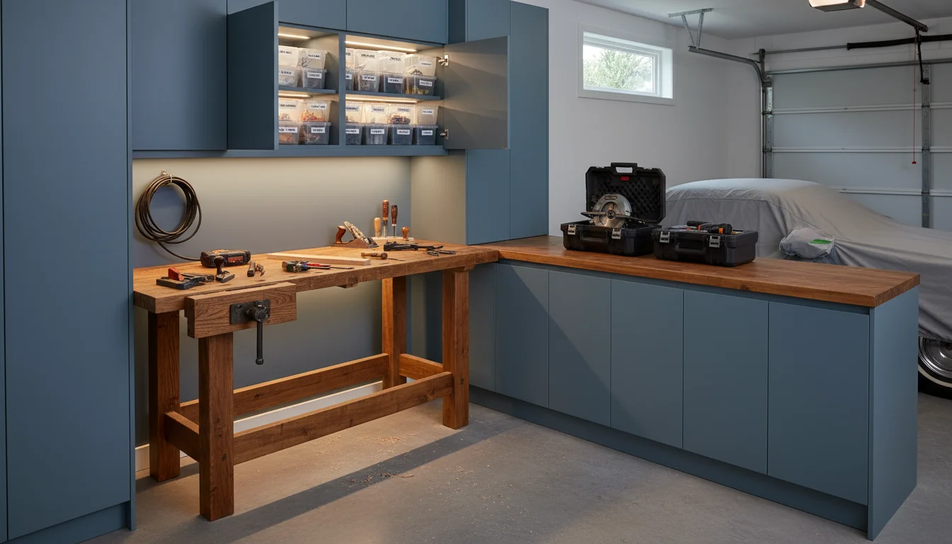 Eye-level view of a custom blue-grey garage cabinet system and wooden workbench. One cabinet door is slightly open, showing organized bins inside.