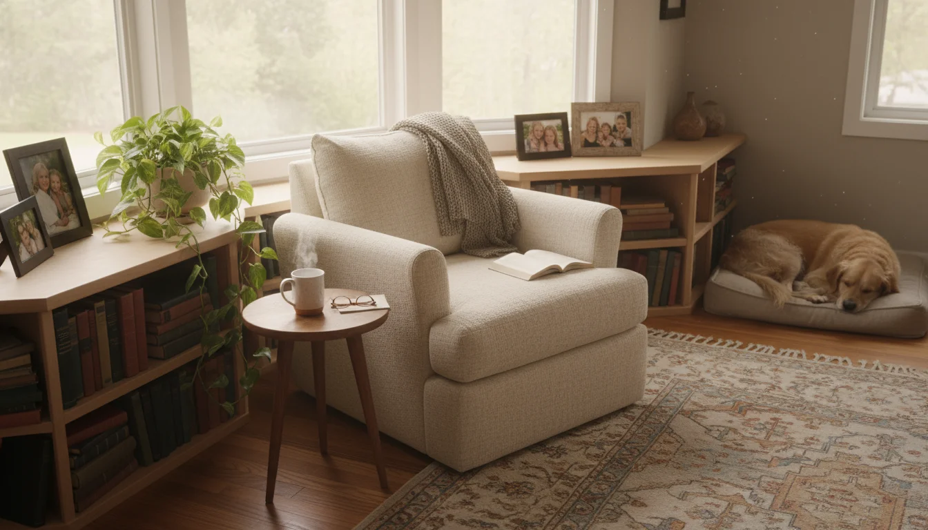Custom-built corner shelves in a cozy living room, wrapping around a window and holding books, a plant, and family photos.