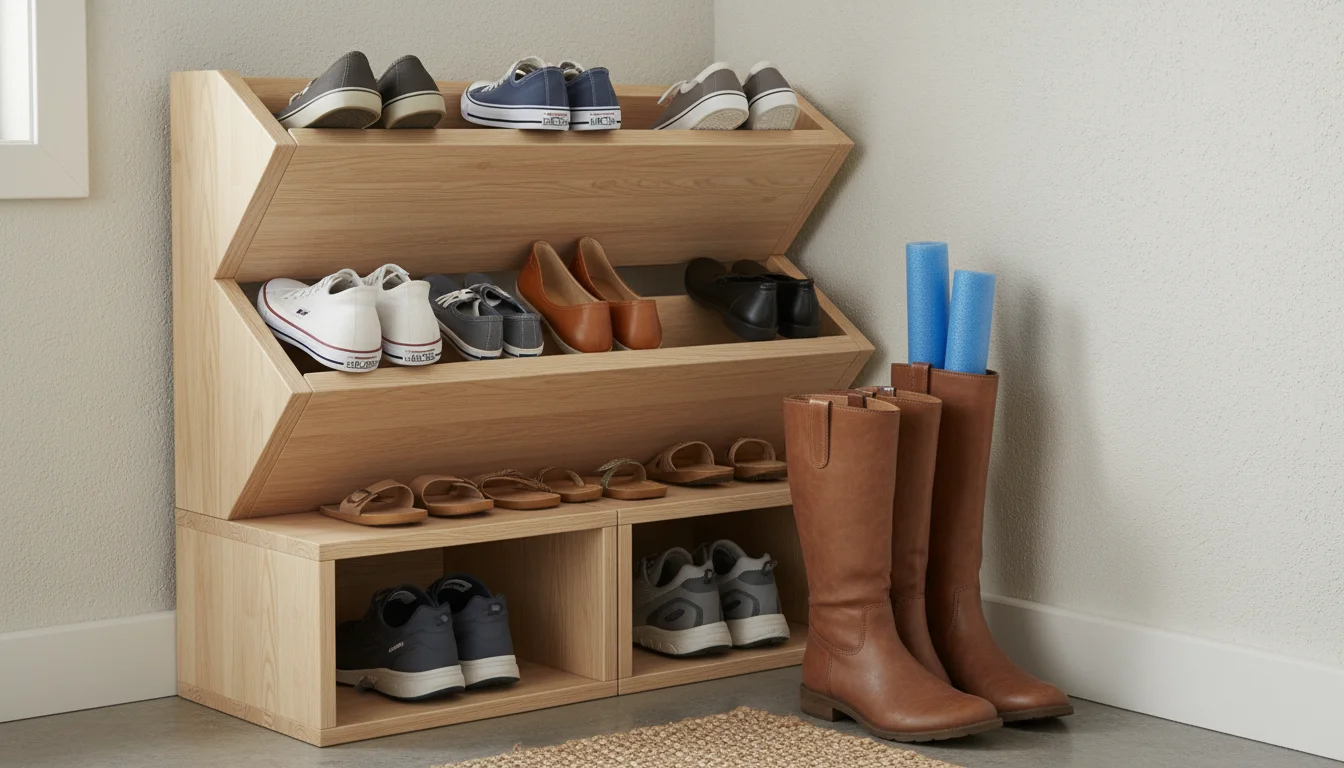 Custom closet shoe storage with angled wooden shelves, stacked cubbies, and tall boots kept upright with shapers, showing practical organization.