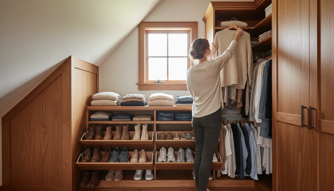 A custom wooden closet system in an attic with a sloped ceiling, featuring pull-out shoe racks, shelves, and hanging clothes. A woman reaches for an i