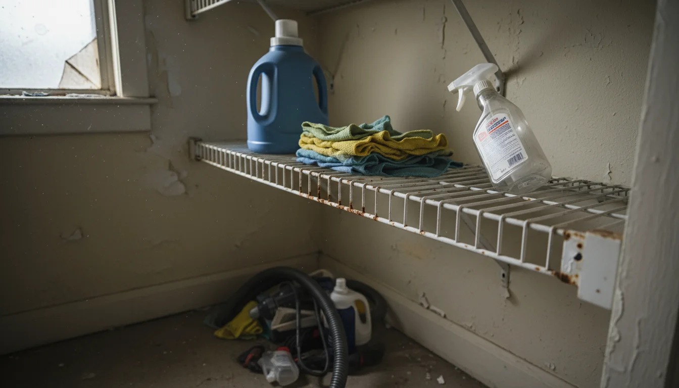 Close-up of a damaged white wire shelf in a utility closet, showing chipped coating, rust spots, and noticeable sagging under various cleaning supplie