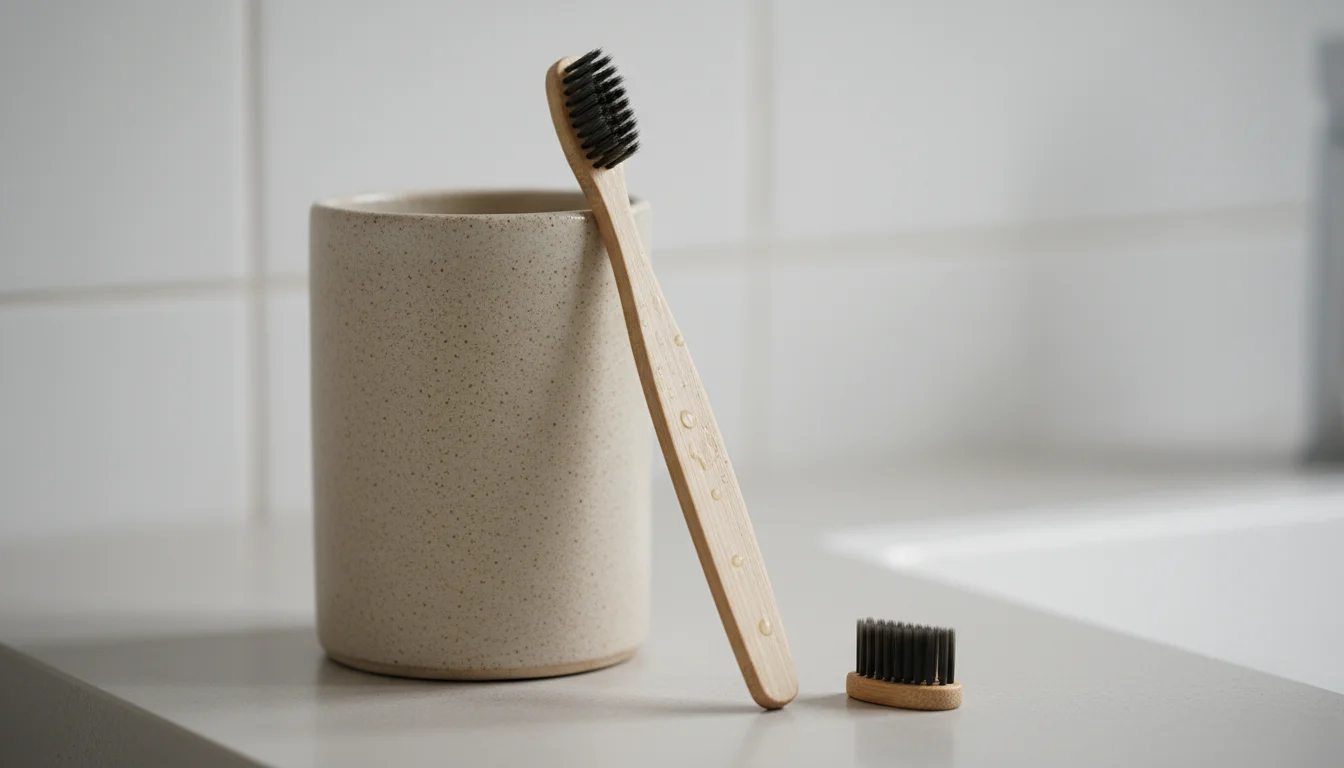 A slightly damp bamboo toothbrush leans in a ceramic holder on a light counter, with a small replacement brush head beside it.