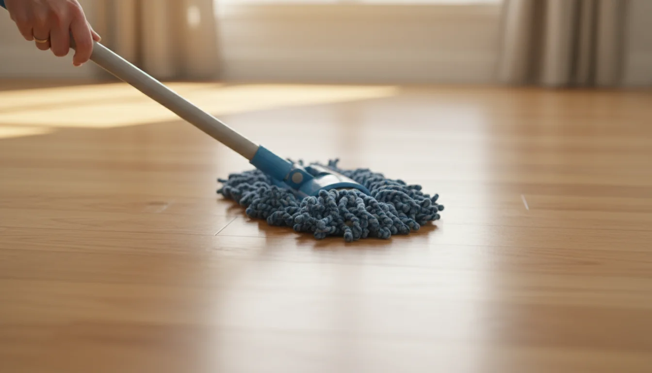 A close-up of a damp microfiber spin mop head cleaning a warm, light hardwood floor. A hand gently guides the mop, leaving a subtle moisture sheen.