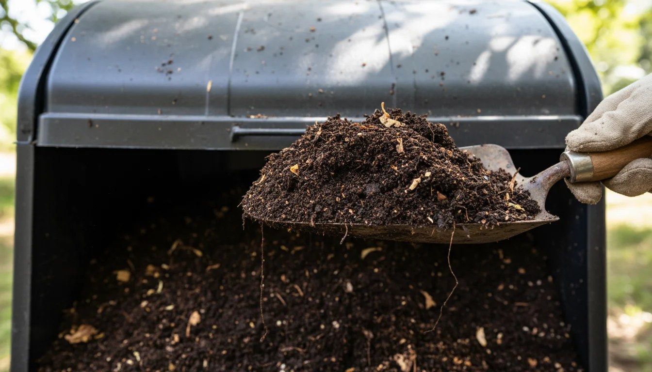 Dark, crumbly compost being scooped from a black bin into a metal trowel, with a green potted plant softly blurred in the background.