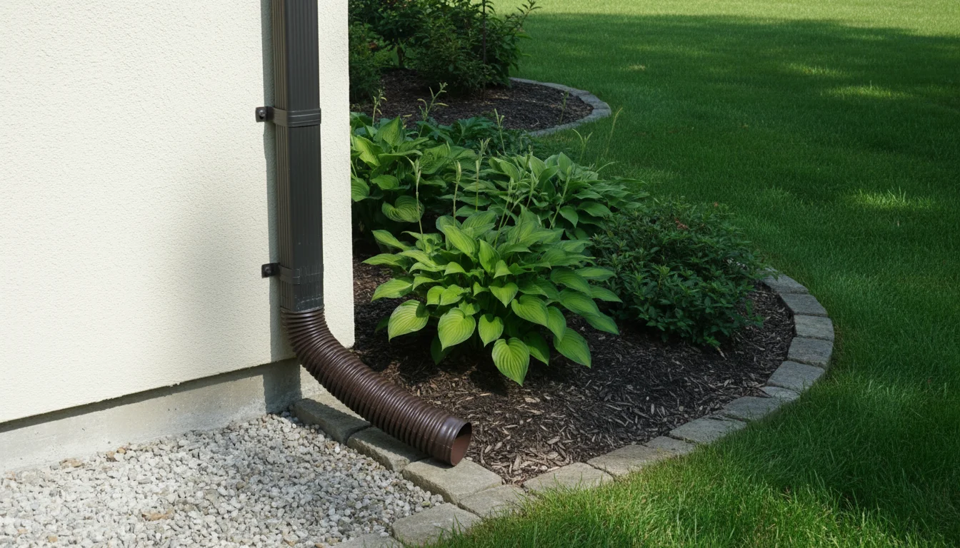 Dark downspout extension directing water away from a clean house foundation and across a gravel path to a lawn.