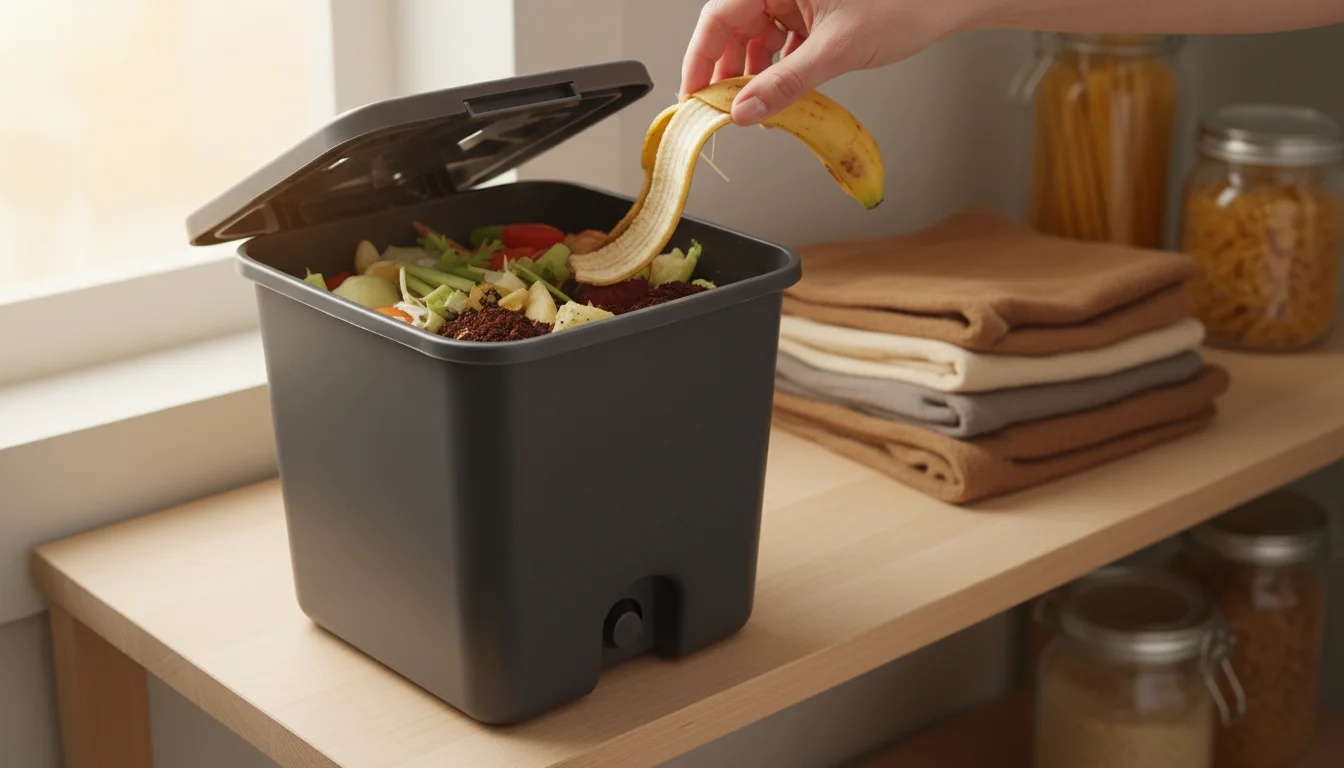 Dark gray Bokashi bin with lid ajar on a wooden shelf in a pantry. A hand places a banana peel among food scraps inside.