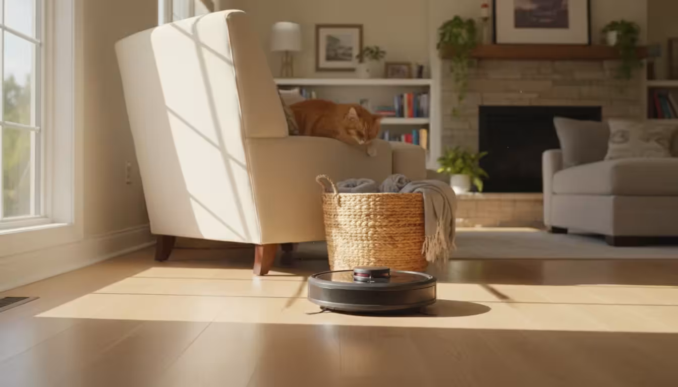 A dark gray robot vacuum cleans sunlit light hardwood floors. An orange cat naps on a nearby armchair, with a person's relaxed legs in the background.