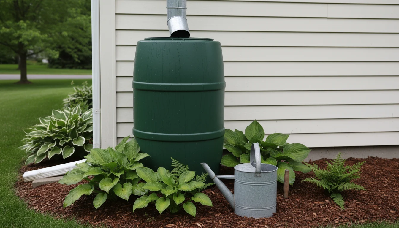 A dark green rain barrel stands next to a house downspout, with a metal watering can beside it on mulch, ready for garden use.