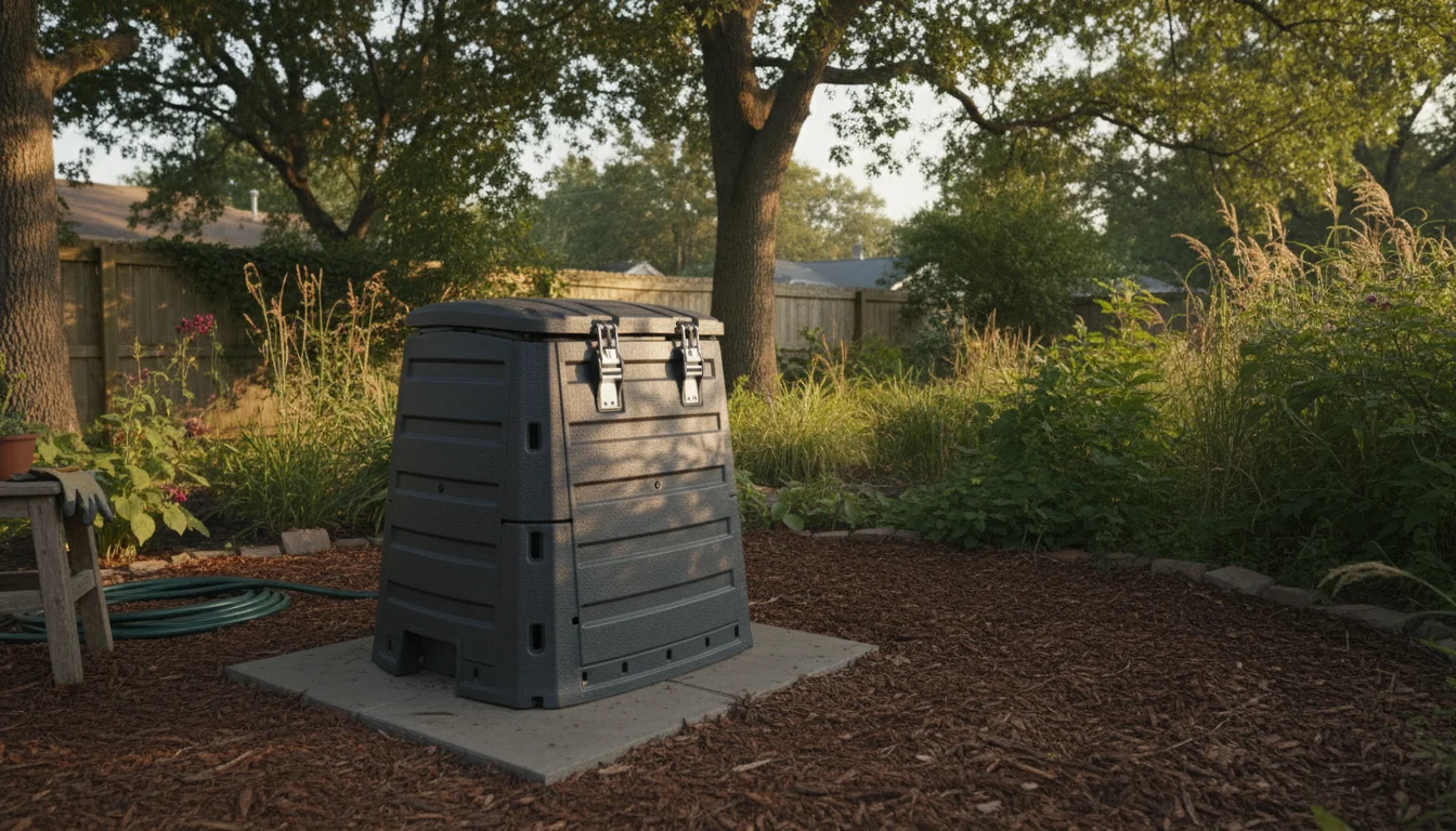 A dark grey compost tumbler with a securely latched lid, sitting on mulched ground in a backyard.