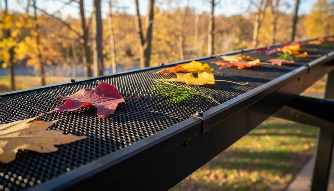 Eye-level view of a dark gutter with a fine micro-mesh gutter guard. Autumn leaves and pine needles sit on top, not in the gutter.