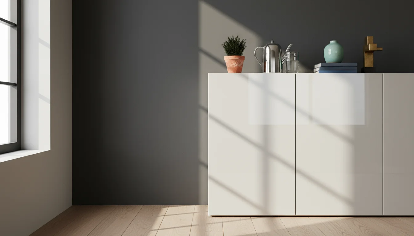 A dark, matte gray wall absorbs light next to a light, glossy white cabinet that brightly reflects light in a real home setting.