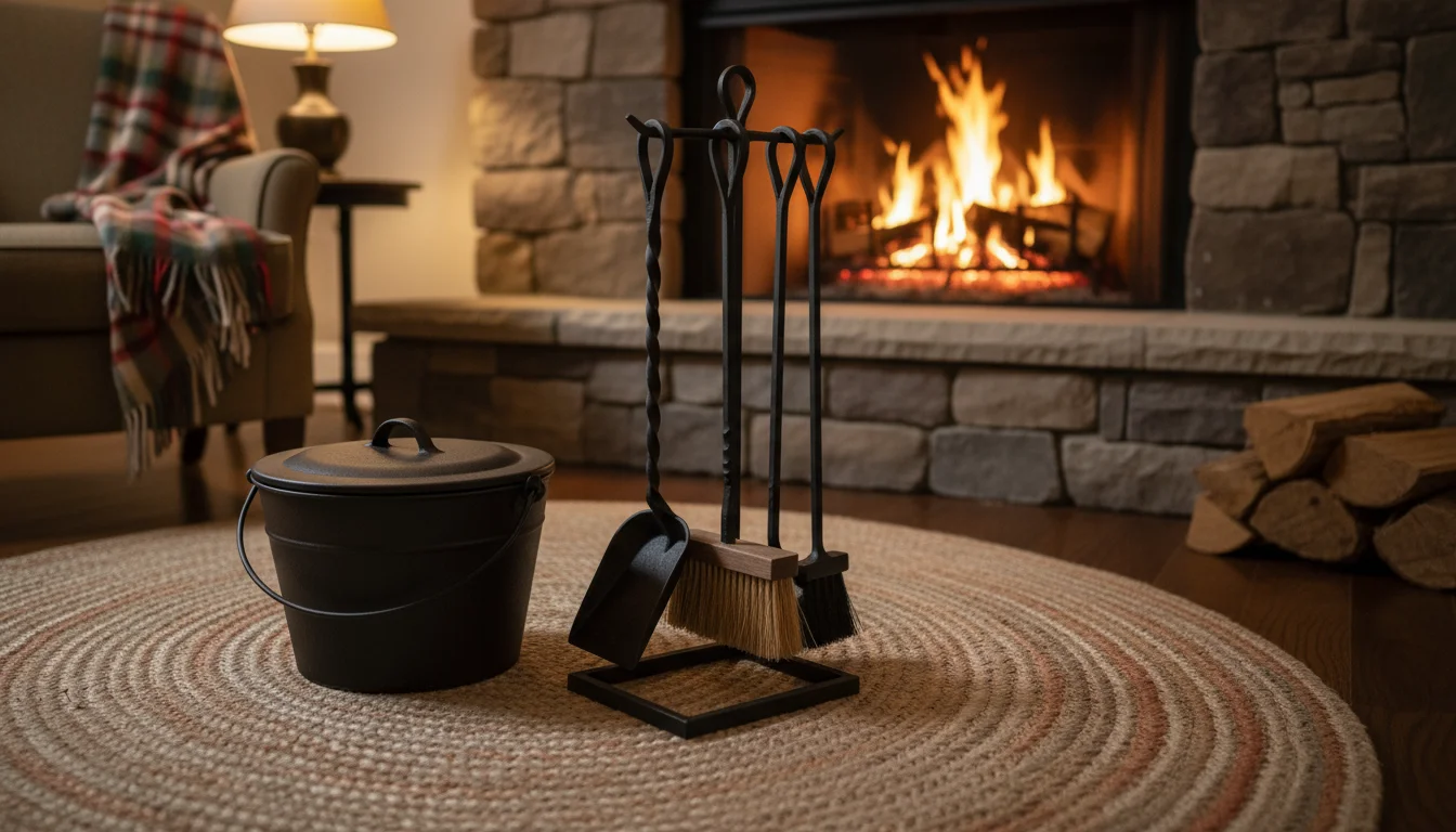 A dark metal ash bucket, poker, tongs, shovel, and brush sit neatly in a stand on a woven hearth rug by a clean brick fireplace.