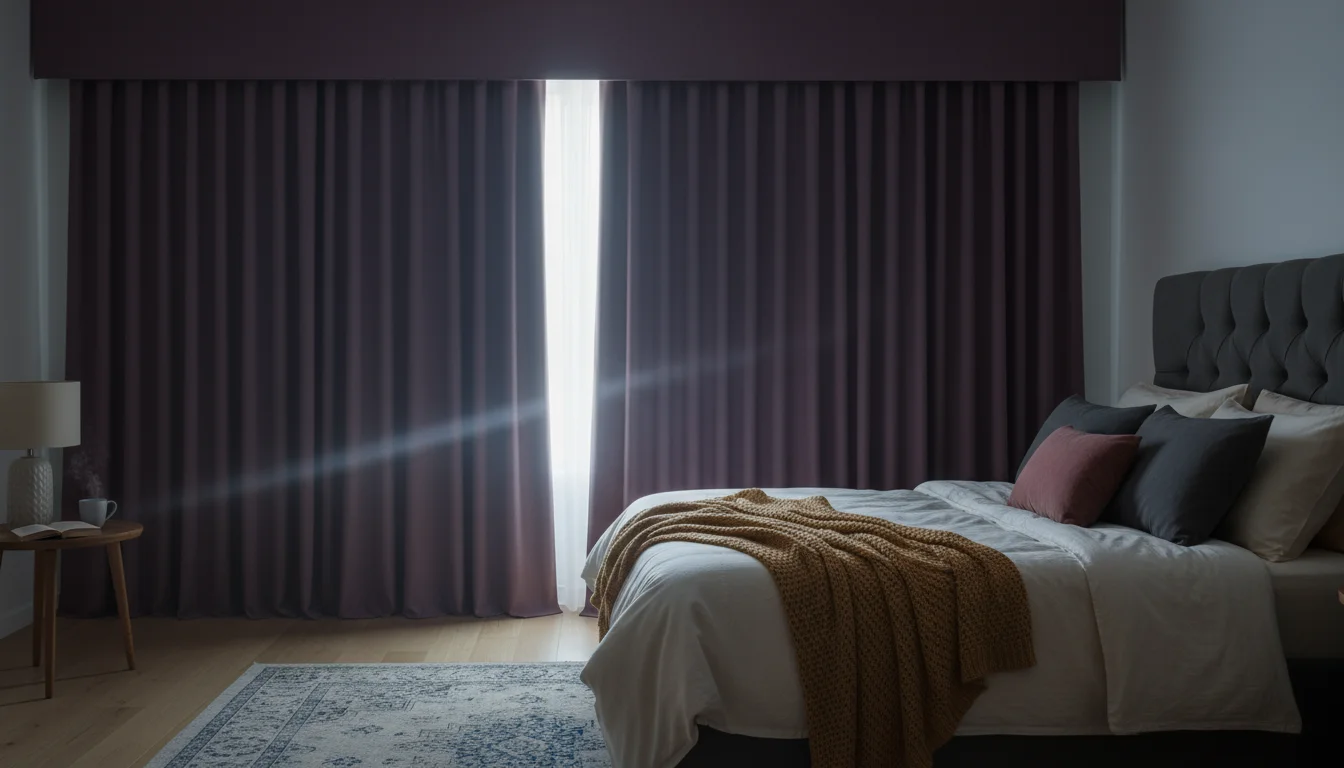 Dark plum flannel blackout curtains are drawn across a bedroom window, pooling on the floor, with a matching valance above.