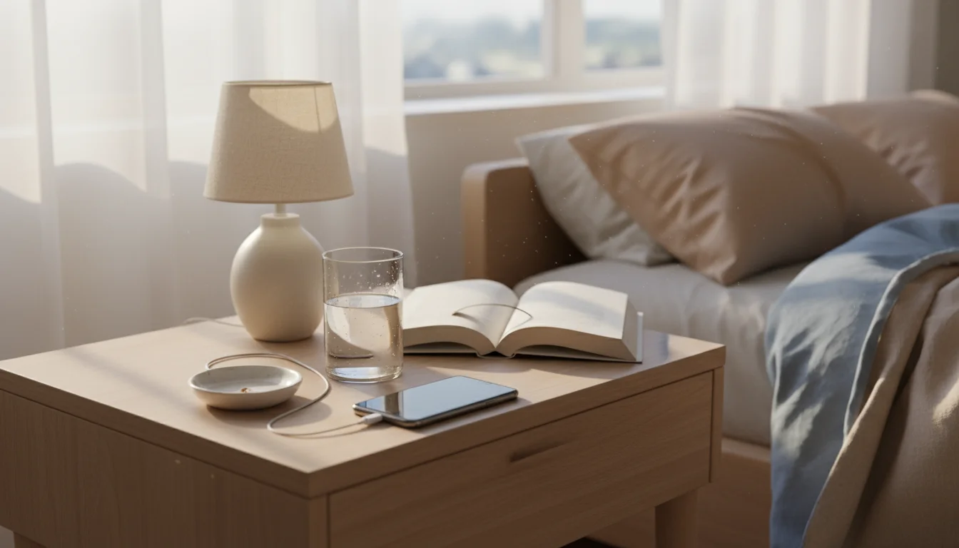 Eye-level view of a decluttered nightstand with a lamp, open book, glass of water, and phone on a small dish, bathed in morning light.