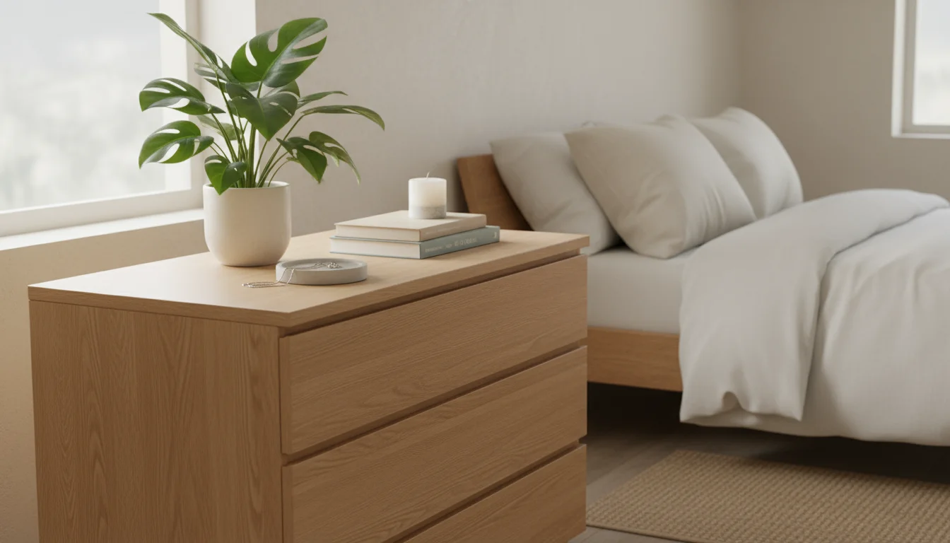 Decluttered wooden dresser with a small plant, two books, and a candle, reflecting natural light in a tidy bedroom.