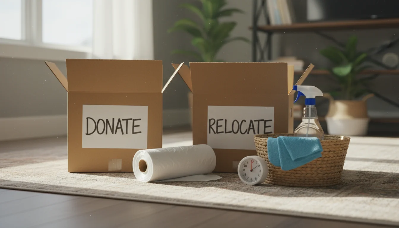 Decluttering supplies including trash bags, labeled 