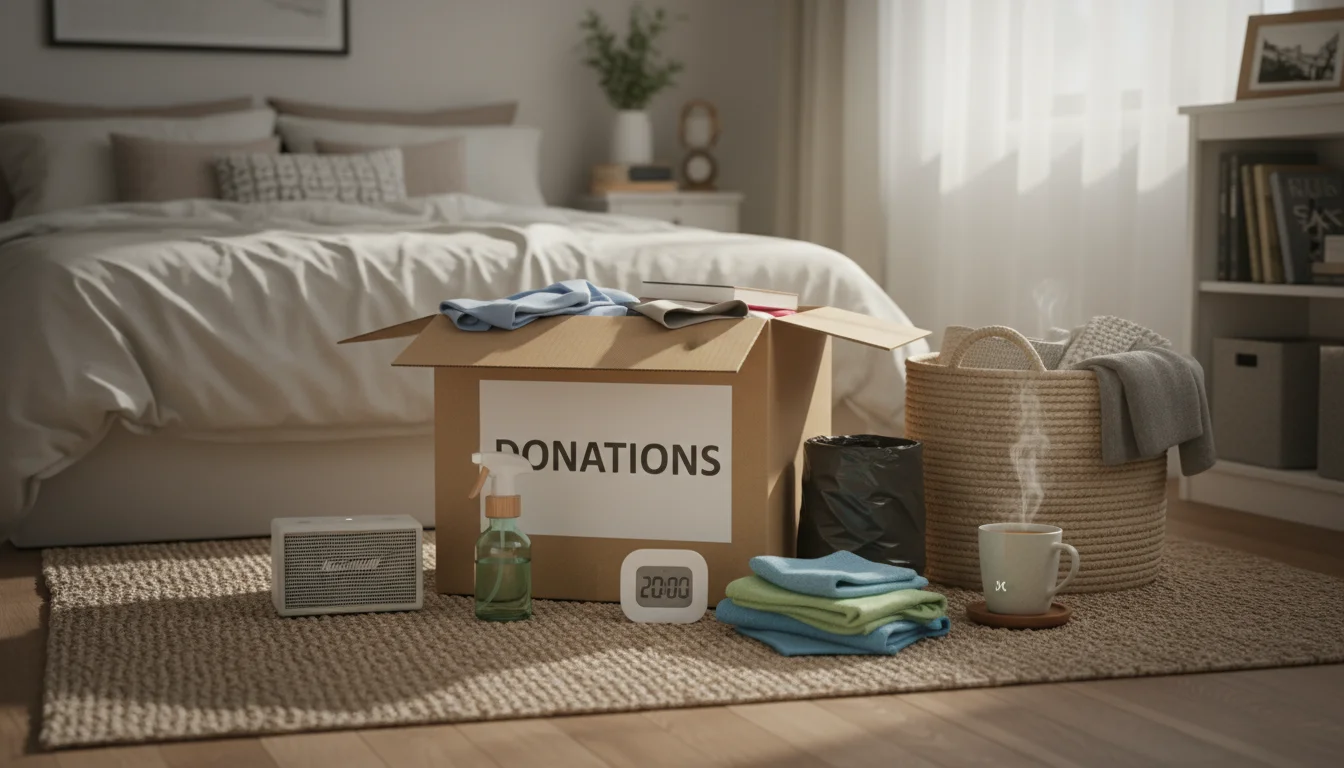 Decluttering supplies laid out on a rug: trash bags, a donation box, relocation basket, cleaning spray, cloths, a timer, speaker, and water bottle.