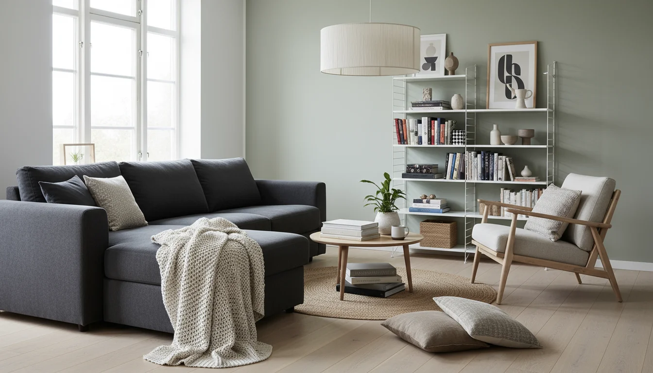 A deep charcoal sofa is balanced by a slender light wood armchair and an airy open-shelf unit in a naturally lit, cozy living room.