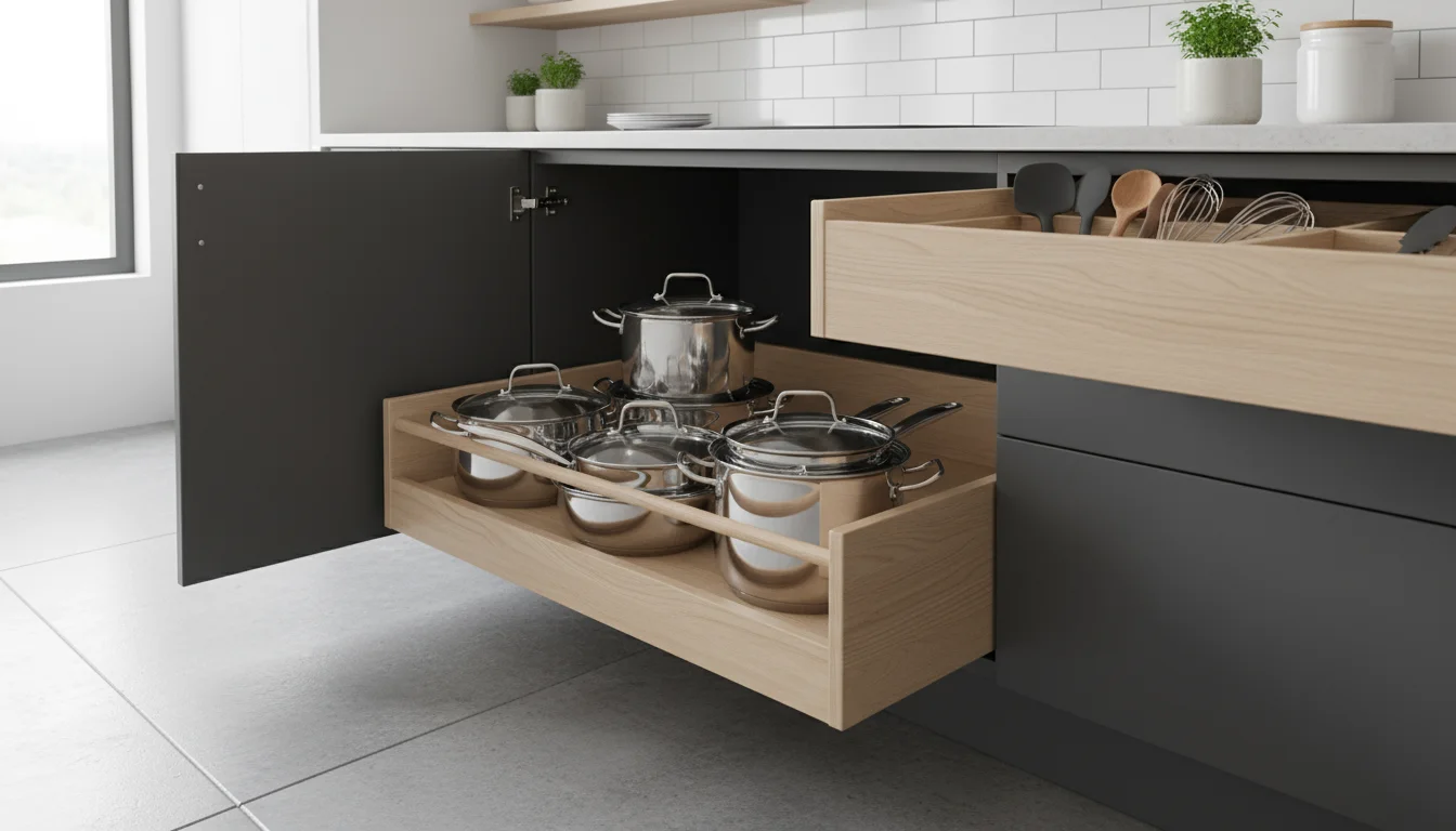 A deep kitchen cabinet with a pull-out shelf holds nested pots, and an adjacent drawer with a wooden utensil organizer is slightly open.