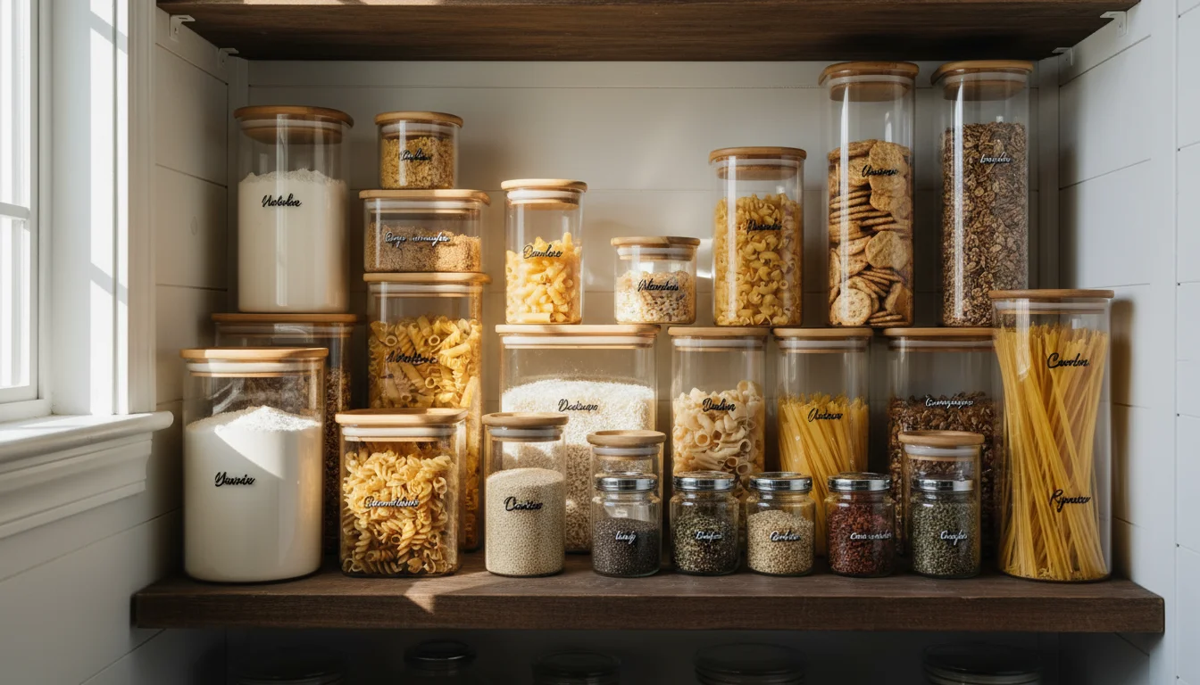 A deep pantry cabinet organized with rows of clear, airtight containers filled with various food items.