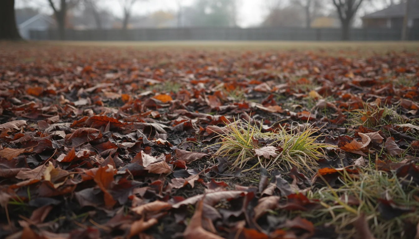 A dense, wet mat of brown autumn leaves covers a patch of lawn, with pale, yellowing grass struggling underneath.