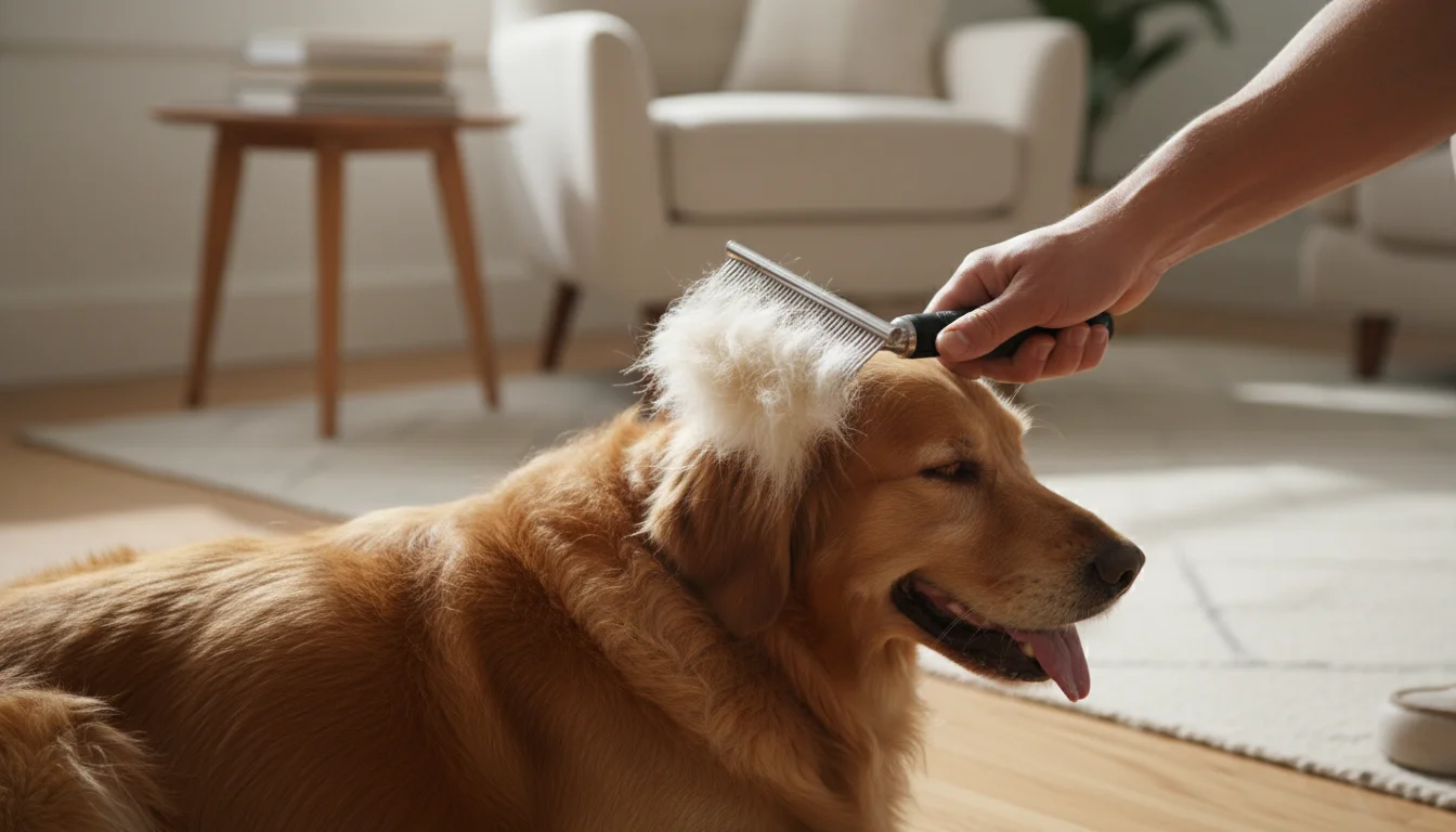 Close-up of a deshedding tool filled with light dog fur, held by a person's hand, grooming a fluffy dog.