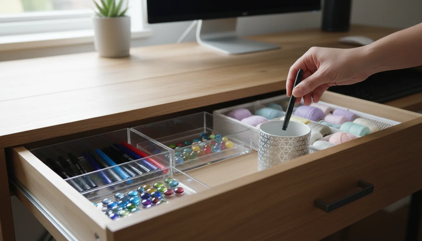 A desk drawer with clear organizers holds neatly categorized pens, beads, and yarn. A hand discards a dried-up marker into a bin.