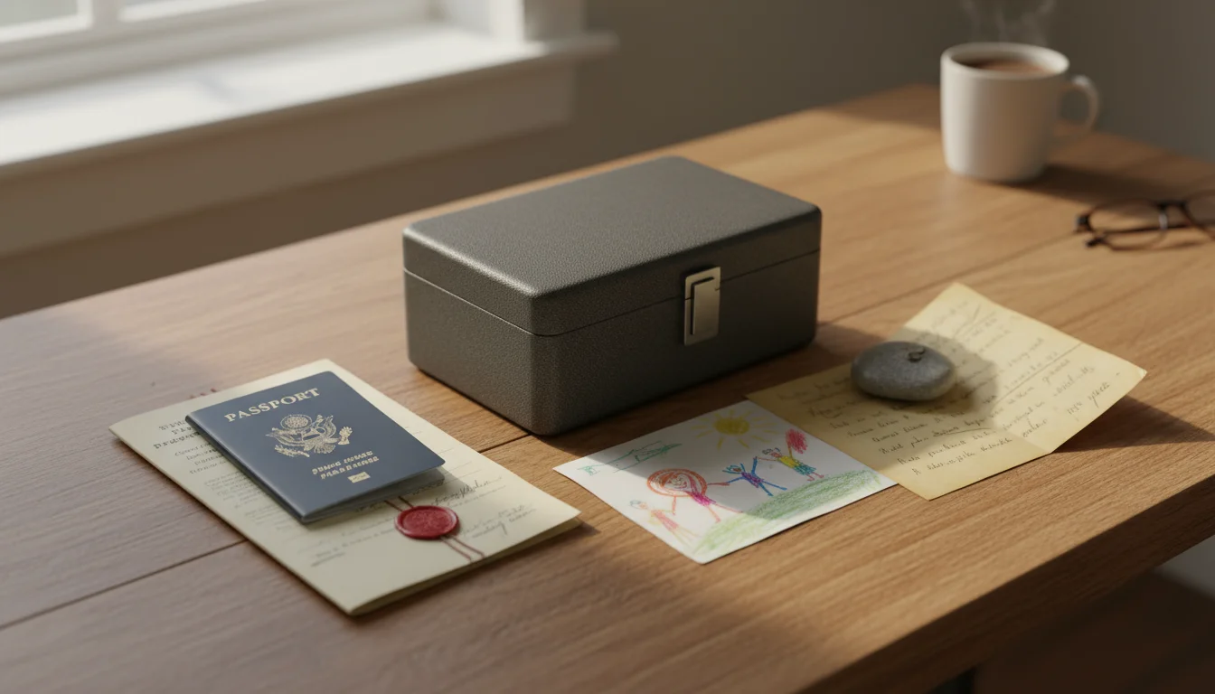A desk with a passport, property deed, child's drawing, old letter, a fireproof box, and a tablet showing a digital scan.