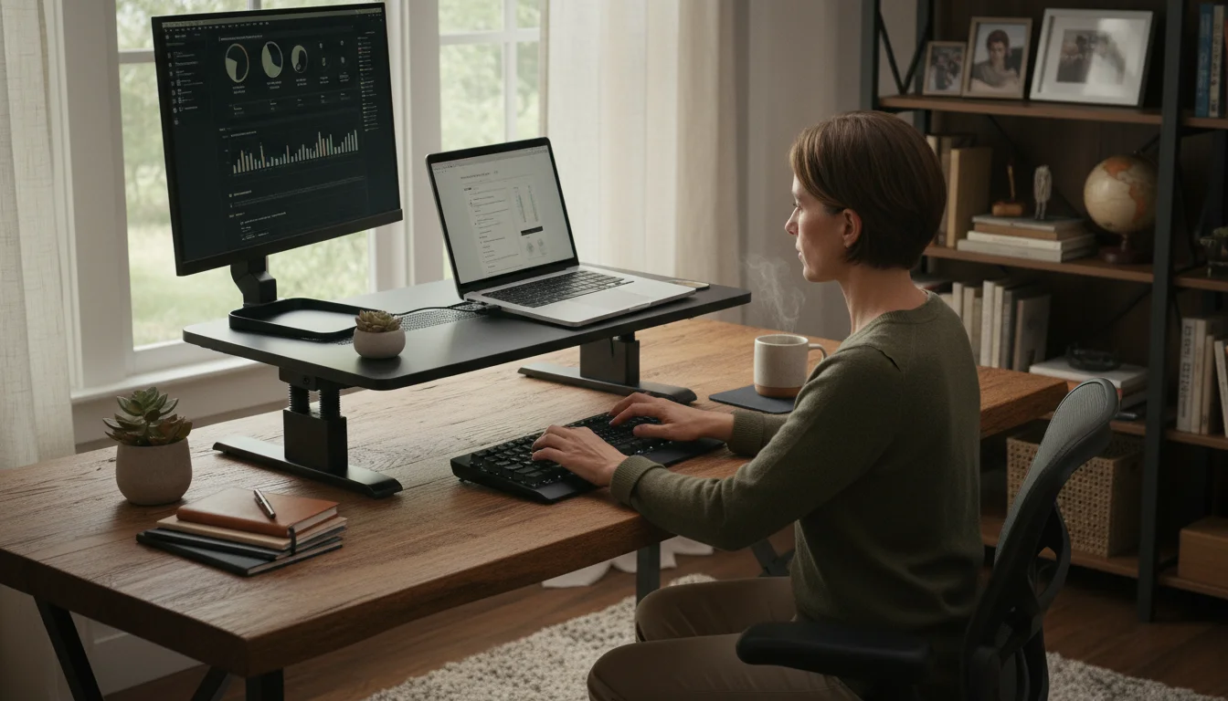 Close-up of a desktop converter elevated on a wooden desk with a laptop and monitor, person's hands typing.