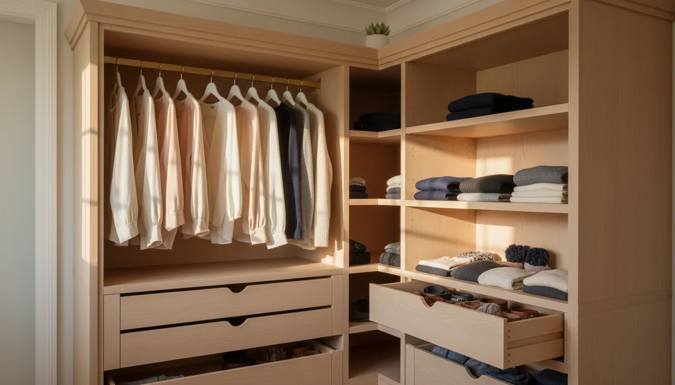 A detailed view inside a custom built-in closet corner, showcasing light wood shelves, hanging blouses, folded sweaters, and a partially open accessor