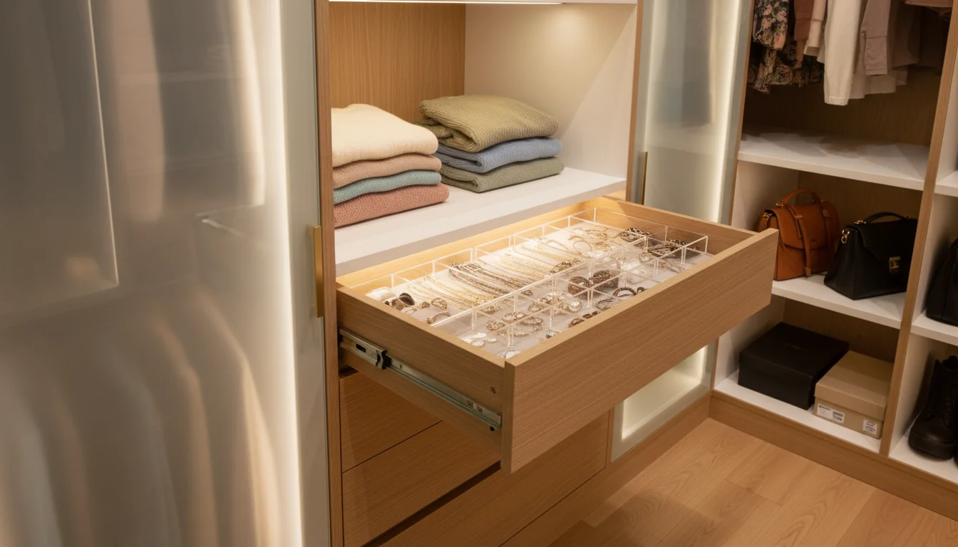 A detailed view inside a custom closet module, showing an open wood veneer drawer with an acrylic jewelry organizer, a melamine shelf, and a frosted g
